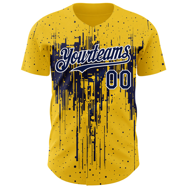 Custom Yellow Navy-White 3D Pattern Design Dripping Splatter Paint Authentic Baseball Jersey