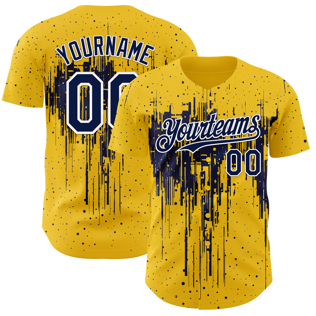 Custom Yellow Navy-White 3D Pattern Design Dripping Splatter Paint Authentic Baseball Jersey