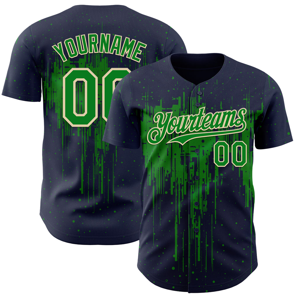 Custom Navy Grass Green-Cream 3D Pattern Design Dripping Splatter Paint Authentic Baseball Jersey