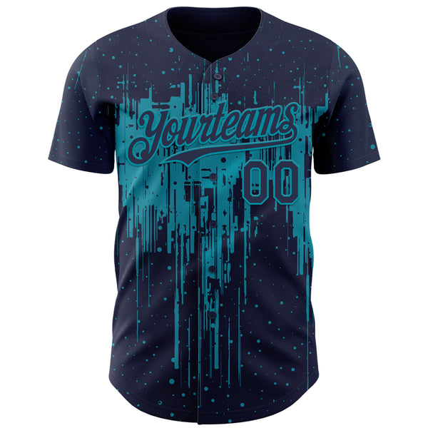 Custom Navy Teal 3D Pattern Design Dripping Splatter Paint Authentic Baseball Jersey