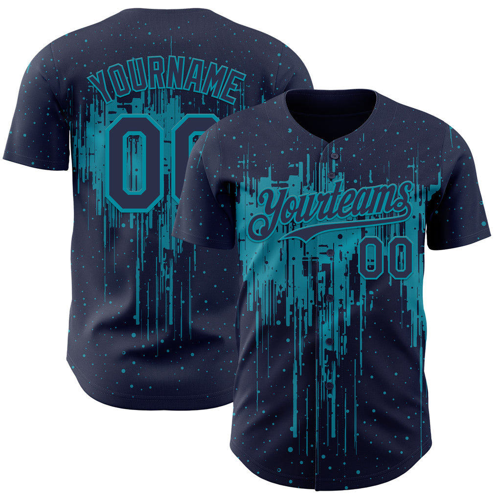 Custom Navy Teal 3D Pattern Design Dripping Splatter Paint Authentic Baseball Jersey