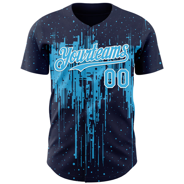 Custom Navy Sky Blue-White 3D Pattern Design Dripping Splatter Paint Authentic Baseball Jersey