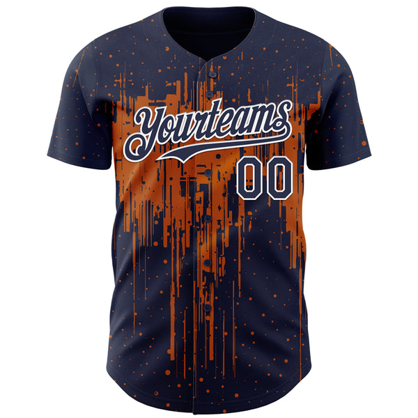 Custom Navy White-Bay Orange 3D Pattern Design Dripping Splatter Paint Authentic Baseball Jersey