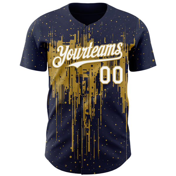 Custom Navy White-Old Gold 3D Pattern Design Dripping Splatter Paint Authentic Baseball Jersey