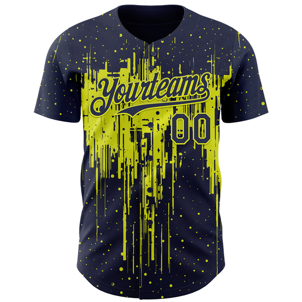 Custom Navy Neon Yellow 3D Pattern Design Dripping Splatter Paint Authentic Baseball Jersey