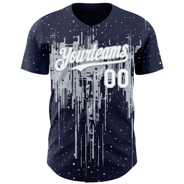 Custom Navy White-Silver 3D Pattern Design Dripping Splatter Paint Authentic Baseball Jersey