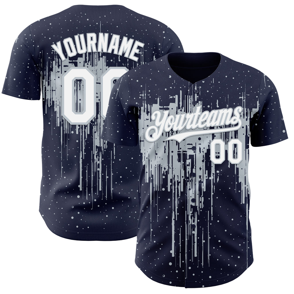 Custom Navy White-Silver 3D Pattern Design Dripping Splatter Paint Authentic Baseball Jersey