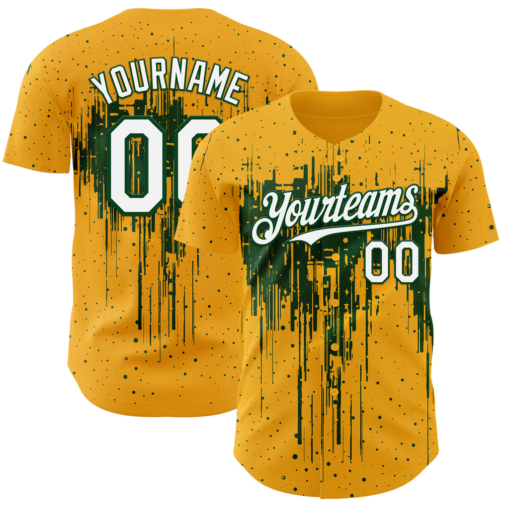 Custom Gold White-Green 3D Pattern Design Dripping Splatter Paint Authentic Baseball Jersey