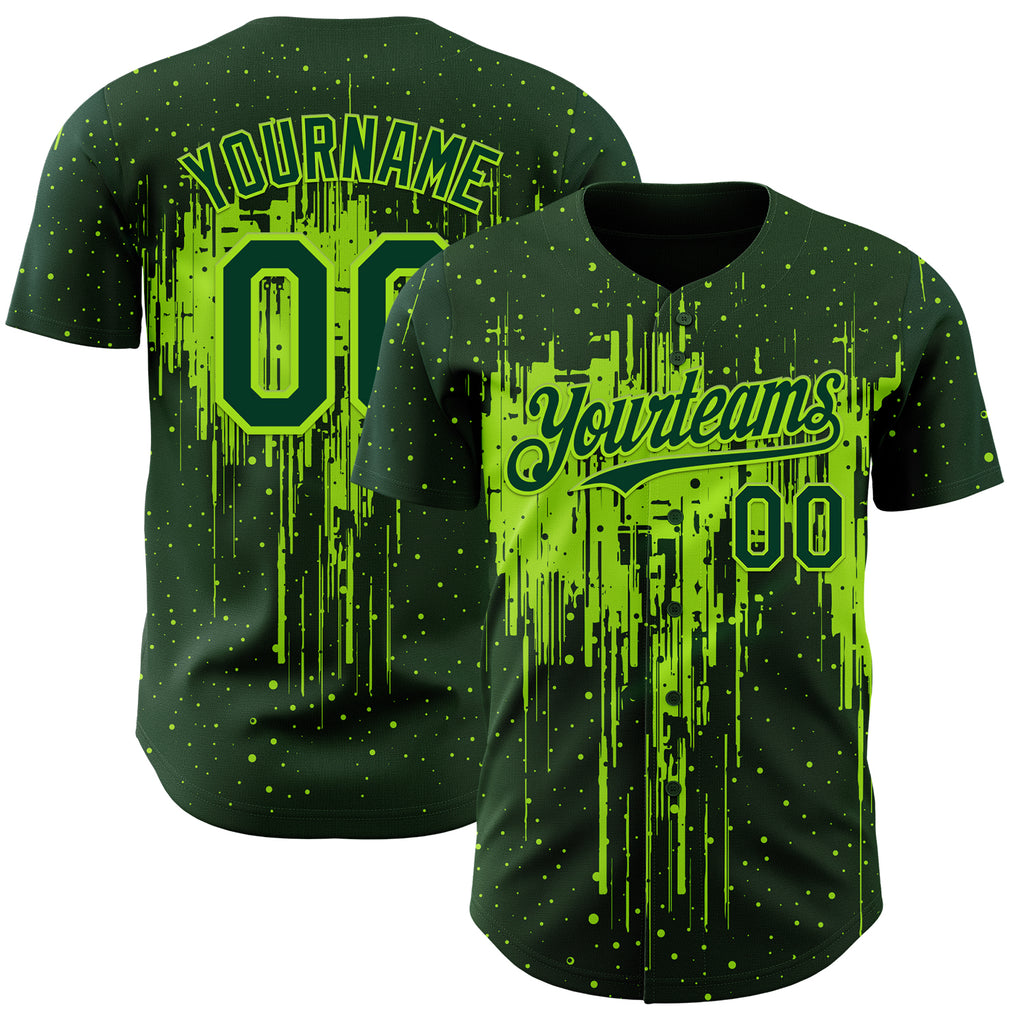 Custom Green Neon Green 3D Pattern Design Dripping Splatter Paint Authentic Baseball Jersey