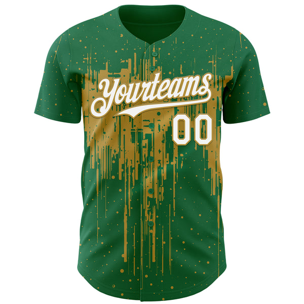 Custom Kelly Green White-Old Gold 3D Pattern Design Dripping Splatter Paint Authentic Baseball Jersey