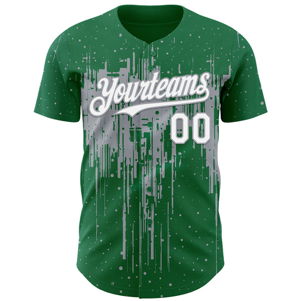 Custom Kelly Green White-Gray 3D Pattern Design Dripping Splatter Paint Authentic Baseball Jersey