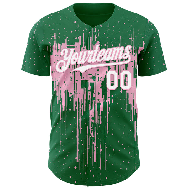 Custom Kelly Green White-Light Pink 3D Pattern Design Dripping Splatter Paint Authentic Baseball Jersey