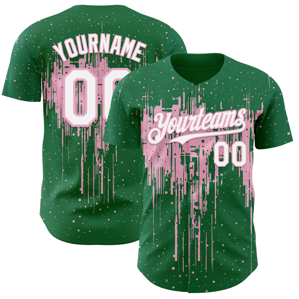 Custom Kelly Green White-Light Pink 3D Pattern Design Dripping Splatter Paint Authentic Baseball Jersey