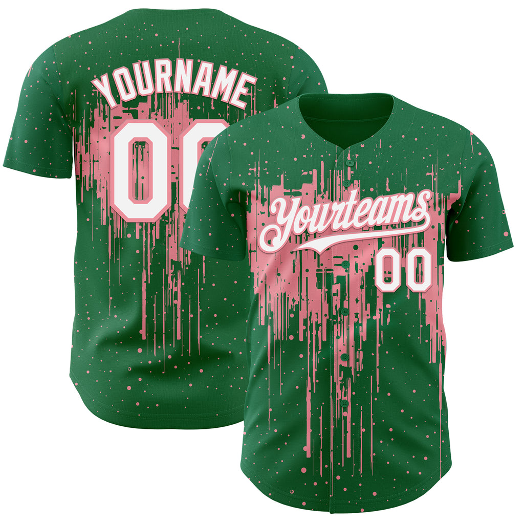 Custom Kelly Green White-Medium Pink 3D Pattern Design Dripping Splatter Paint Authentic Baseball Jersey