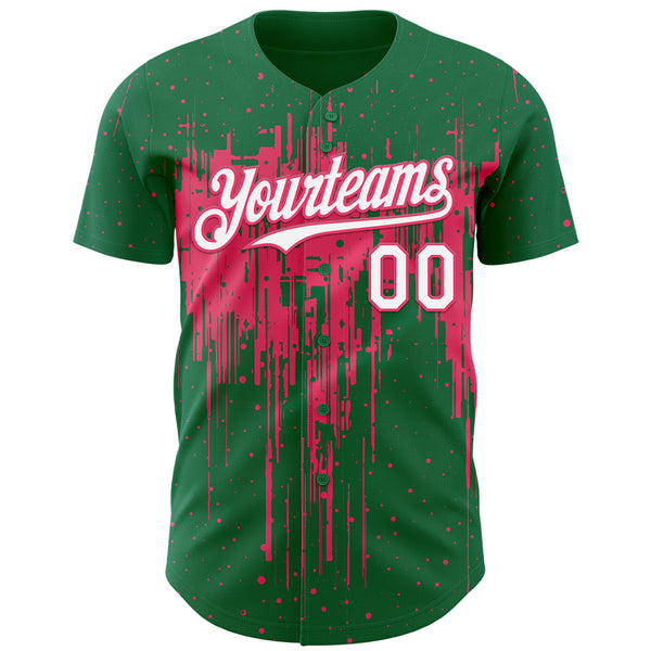 Custom Kelly Green White-Neon Pink 3D Pattern Design Dripping Splatter Paint Authentic Baseball Jersey