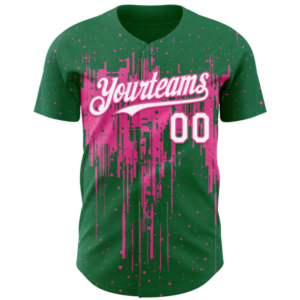 Custom Kelly Green White-Pink 3D Pattern Design Dripping Splatter Paint Authentic Baseball Jersey