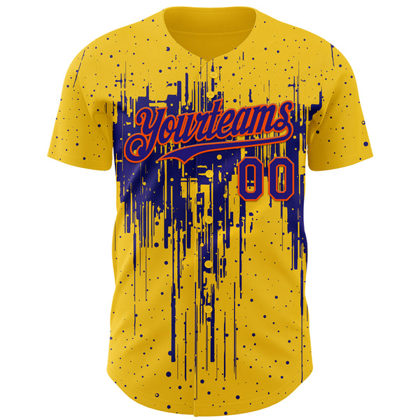 Custom Yellow Dark Purple-Orange 3D Pattern Design Dripping Splatter Paint Authentic Baseball Jersey