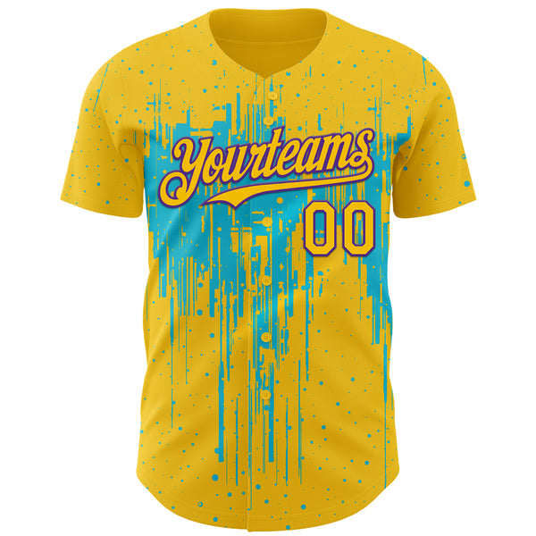 Custom Yellow Purple-Lakes Blue 3D Pattern Design Dripping Splatter Paint Authentic Baseball Jersey