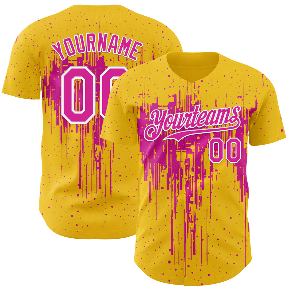 Custom Yellow Deep Pink-White 3D Pattern Design Dripping Splatter Paint Authentic Baseball Jersey