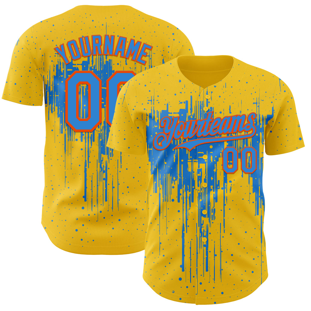 Custom Yellow Powder Blue-Orange 3D Pattern Design Dripping Splatter Paint Authentic Baseball Jersey