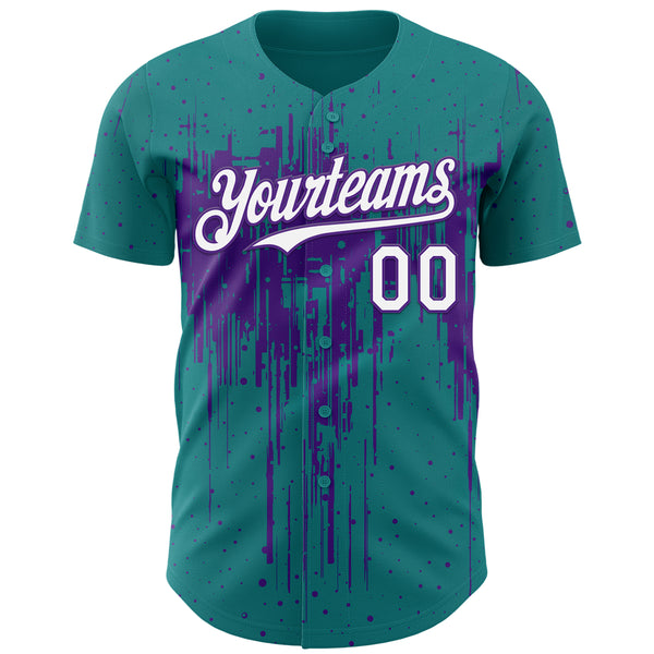 Custom Teal White-Purple 3D Pattern Design Dripping Splatter Paint Authentic Baseball Jersey