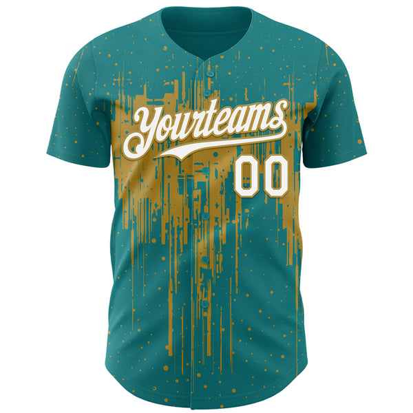 Custom Teal White-Old Gold 3D Pattern Design Dripping Splatter Paint Authentic Baseball Jersey