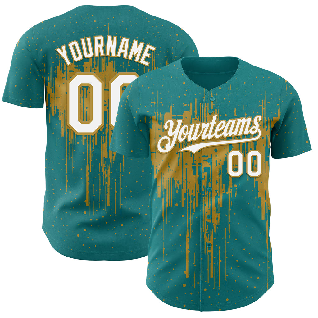 Custom Teal White-Old Gold 3D Pattern Design Dripping Splatter Paint Authentic Baseball Jersey