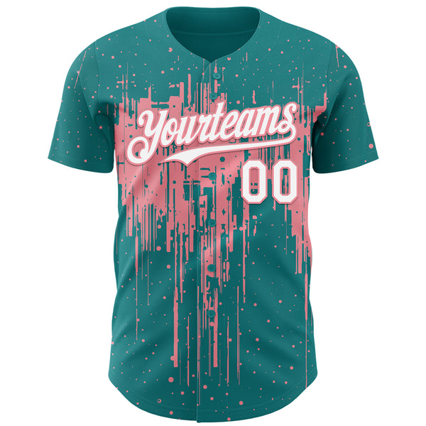 Custom Teal White-Medium Pink 3D Pattern Design Dripping Splatter Paint Authentic Baseball Jersey