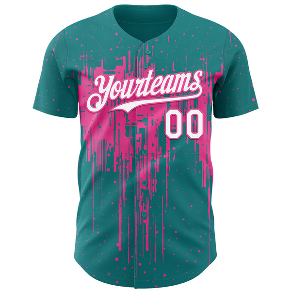 Custom Teal White-Pink 3D Pattern Design Dripping Splatter Paint Authentic Baseball Jersey