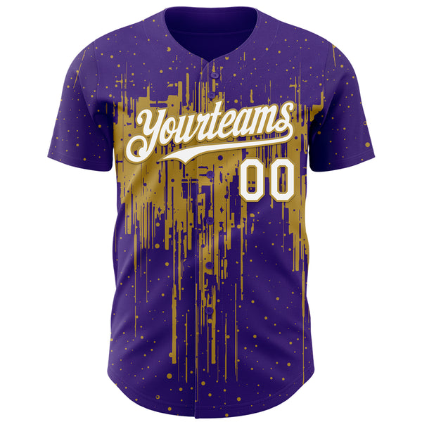 Custom Purple White-Old Gold 3D Pattern Design Dripping Splatter Paint Authentic Baseball Jersey