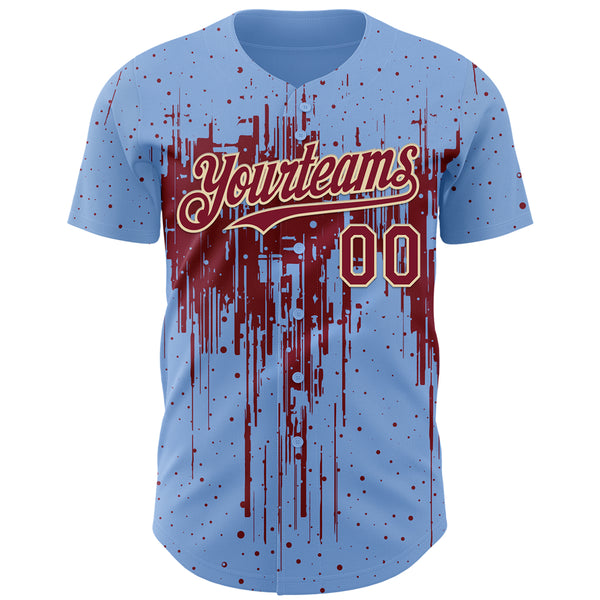 Custom Light Blue Crimson-Cream 3D Pattern Design Dripping Splatter Paint Authentic Baseball Jersey