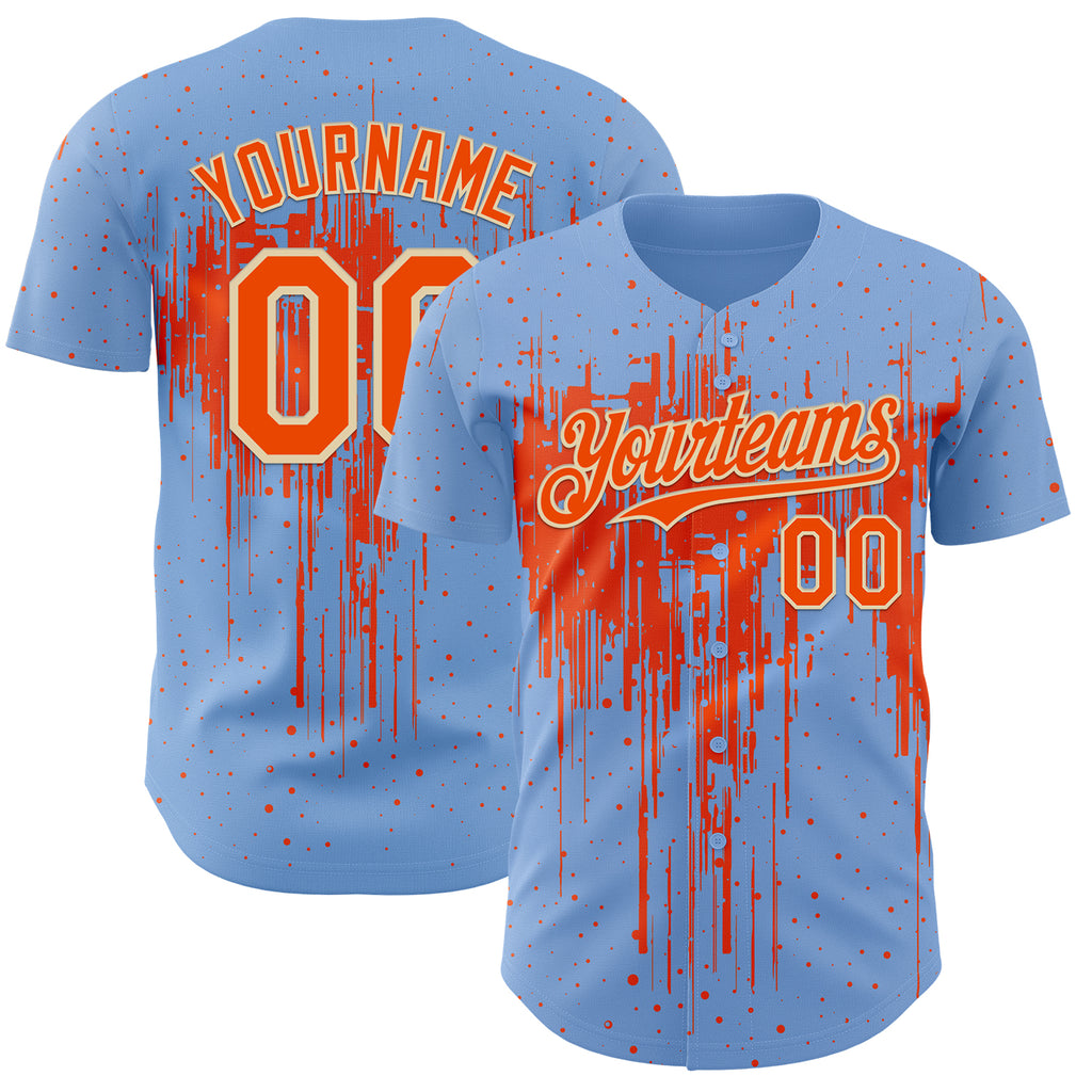 Custom Light Blue Orange-Cream 3D Pattern Design Dripping Splatter Paint Authentic Baseball Jersey