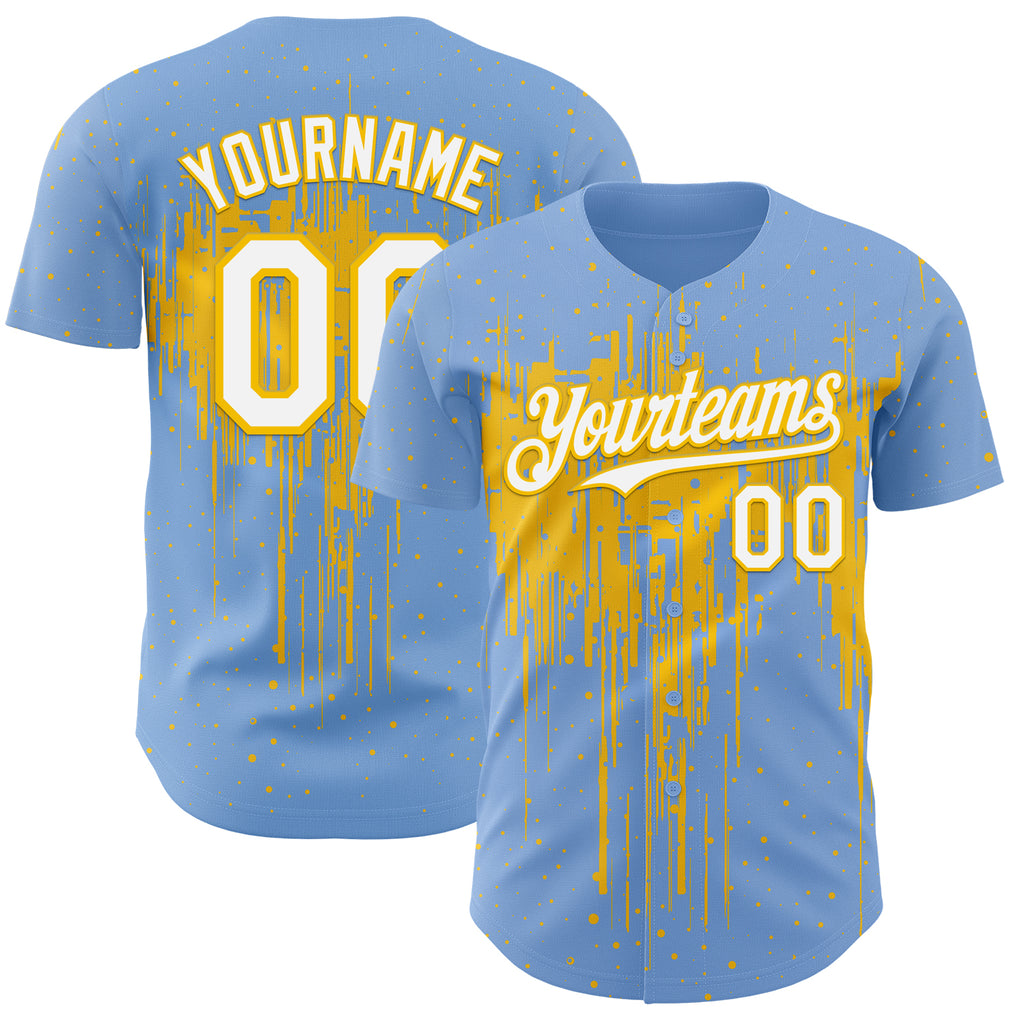 Custom Light Blue White-Yellow 3D Pattern Design Dripping Splatter Paint Authentic Baseball Jersey