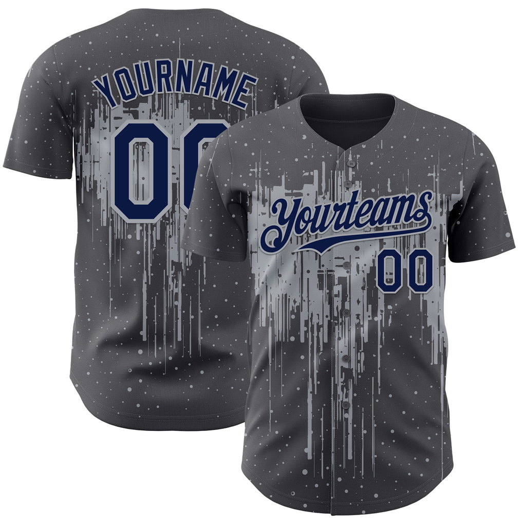 Custom Steel Gray Navy-Gray 3D Pattern Design Dripping Splatter Paint Authentic Baseball Jersey