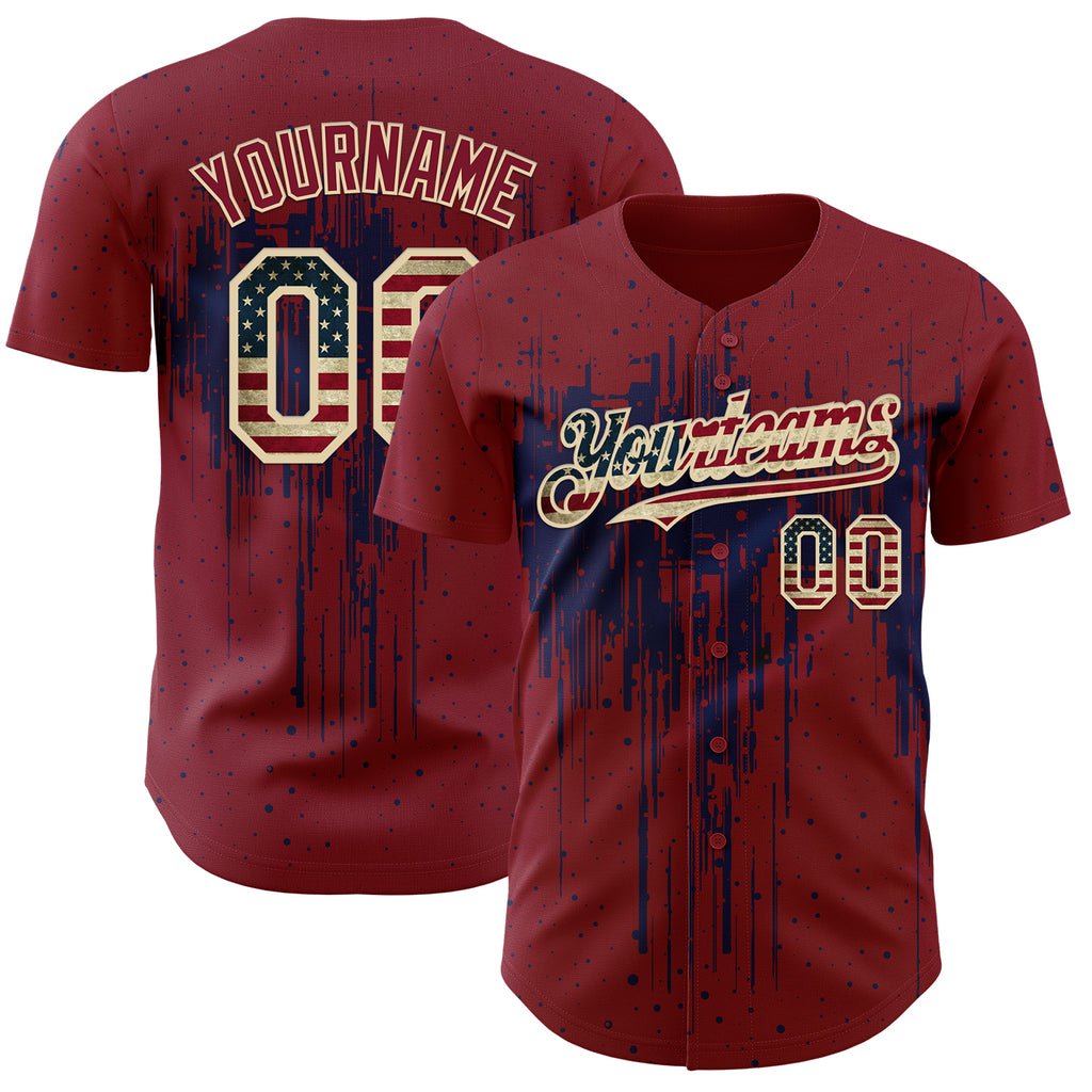 Custom Crimson Vintage USA Flag Cream-Navy 3D Pattern Design Dripping Splatter Paint Authentic Baseball Jersey