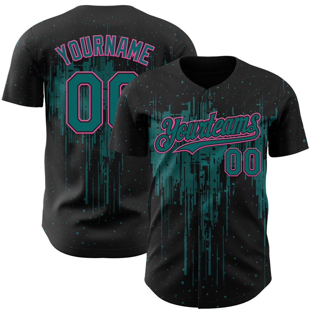 Custom Black Teal-Pink 3D Pattern Design Dripping Splatter Paint Authentic Baseball Jersey