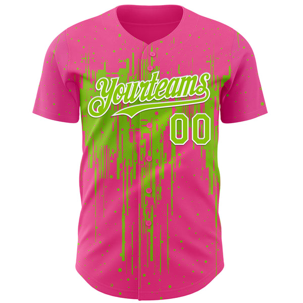 Custom Pink Neon Green-White 3D Pattern Design Dripping Splatter Paint Authentic Baseball Jersey