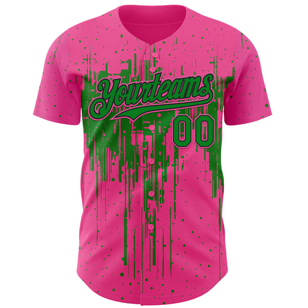 Custom Pink Grass Green-Black 3D Pattern Design Dripping Splatter Paint Authentic Baseball Jersey