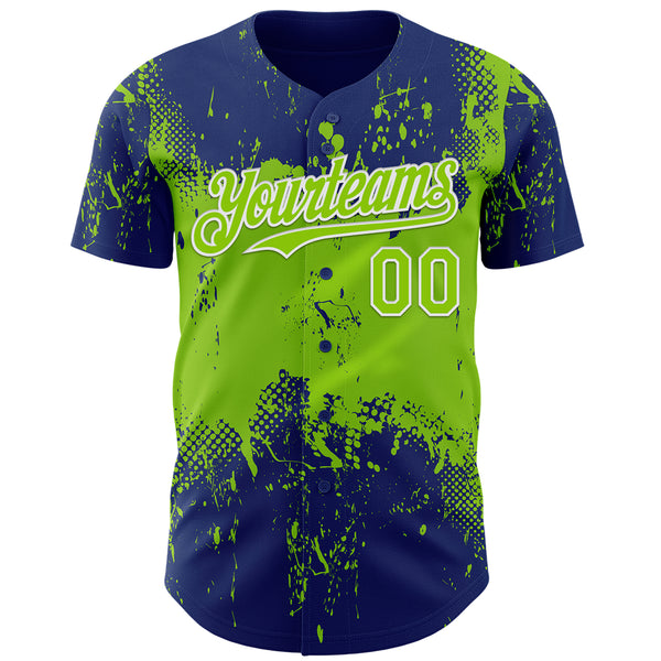 Custom Royal Neon Green-White 3D Pattern Design Abstract Splatter Grunge Paint Authentic Baseball Jersey