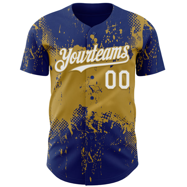 Custom Royal White-Old Gold 3D Pattern Design Abstract Splatter Grunge Paint Authentic Baseball Jersey