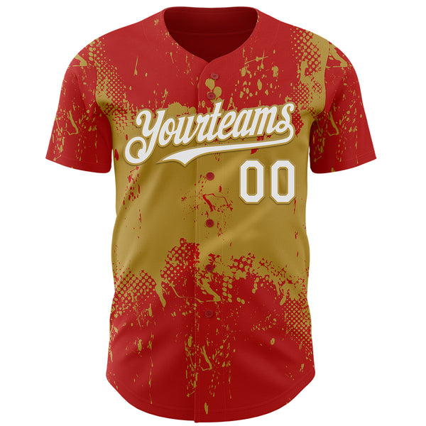 Custom Red White-Old Gold 3D Pattern Design Abstract Splatter Grunge Paint Authentic Baseball Jersey