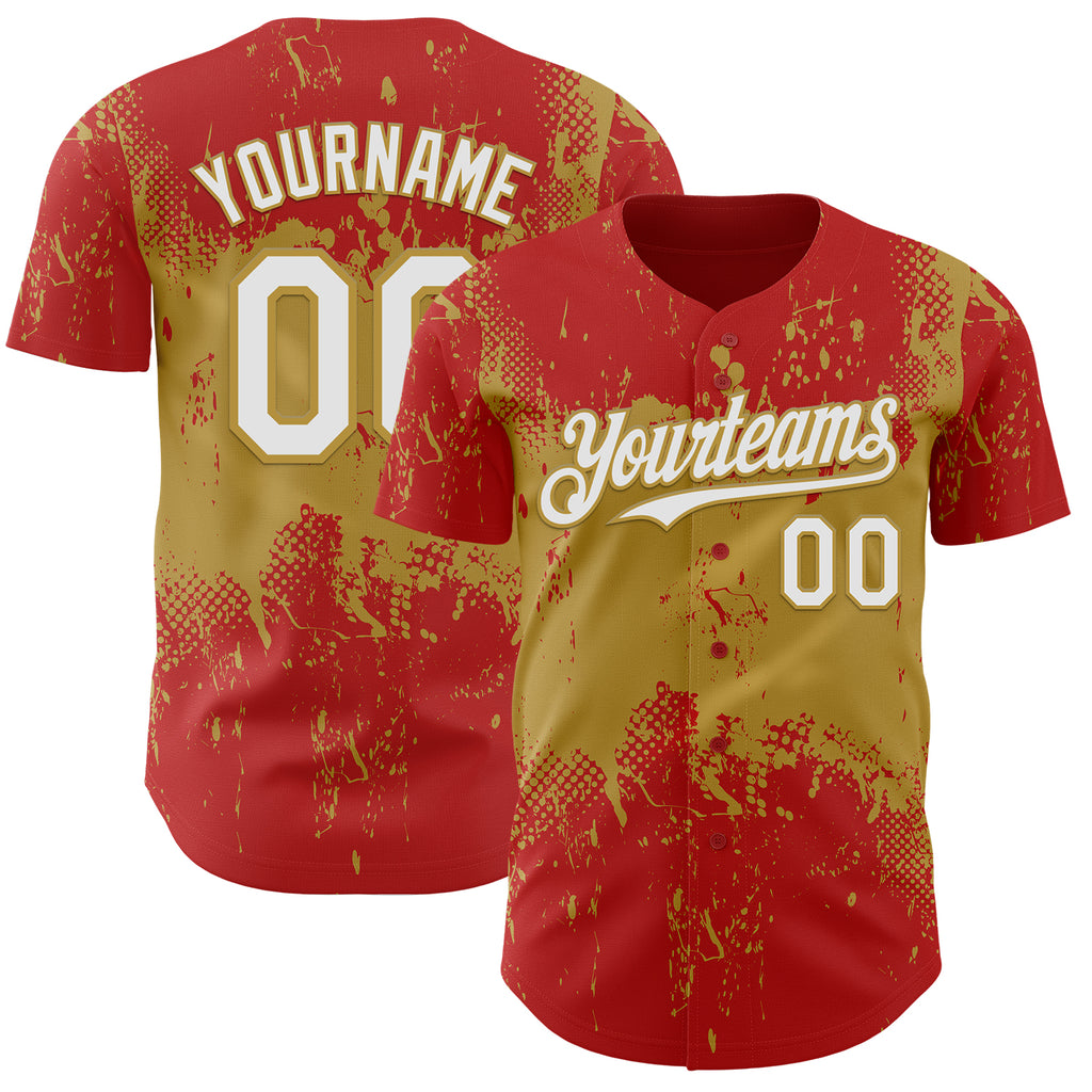 Custom Red White-Old Gold 3D Pattern Design Abstract Splatter Grunge Paint Authentic Baseball Jersey
