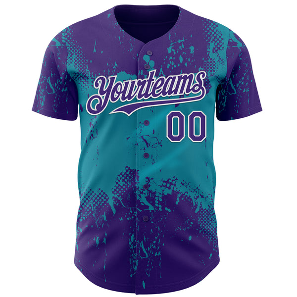 Custom Purple Teal-White 3D Pattern Design Abstract Splatter Grunge Paint Authentic Baseball Jersey
