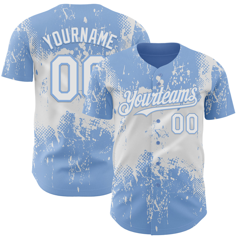 Custom Light Blue White 3D Pattern Design Abstract Splatter Grunge Paint Authentic Baseball Jersey