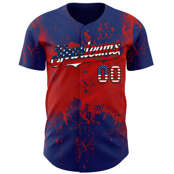 Custom Royal USA Flag Red-Black 3D Pattern Design Abstract Splatter Grunge Paint Authentic Baseball Jersey