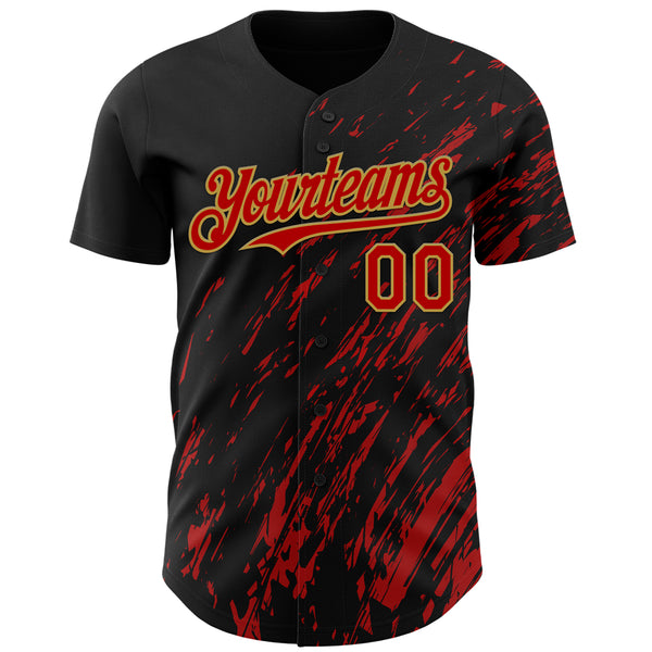 Custom Black Red-Old Gold 3D Pattern Design Paint Stroke Grunge Streak Authentic Baseball Jersey