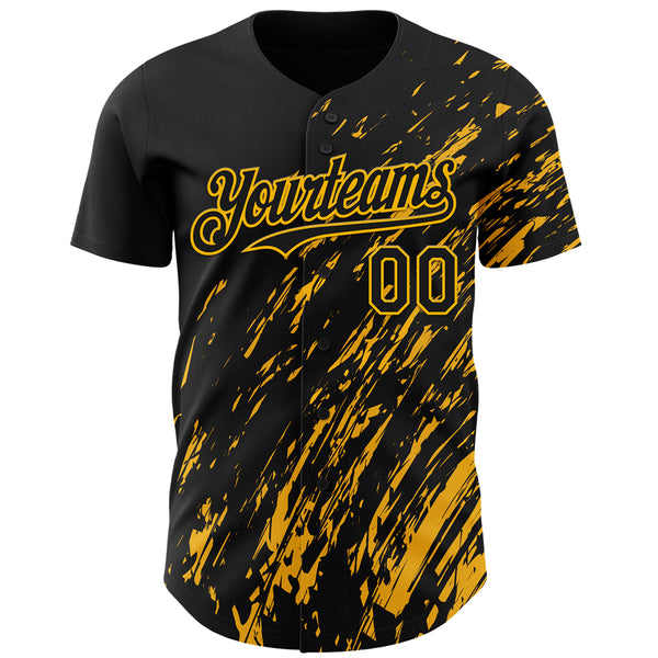 Custom Black Gold 3D Pattern Design Paint Stroke Grunge Streak Authentic Baseball Jersey