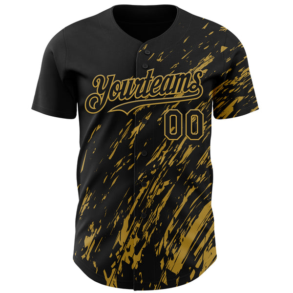 Custom Black Old Gold 3D Pattern Design Paint Stroke Grunge Streak Authentic Baseball Jersey
