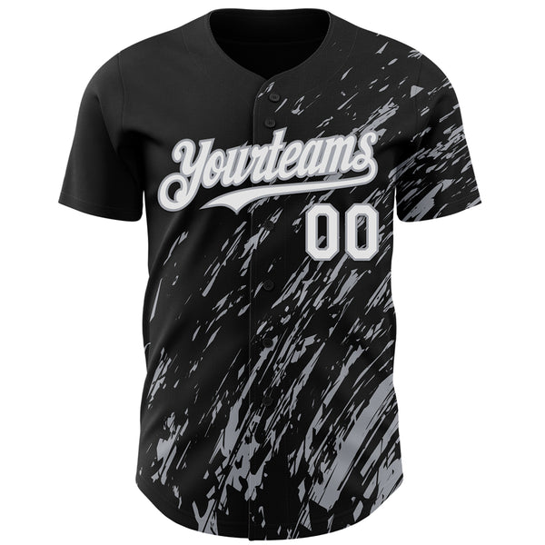 Custom Black White-Gray 3D Pattern Design Paint Stroke Grunge Streak Authentic Baseball Jersey