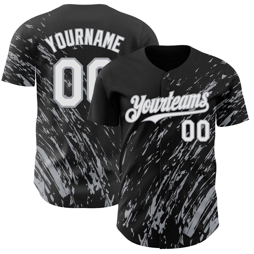 Custom Black White-Gray 3D Pattern Design Paint Stroke Grunge Streak Authentic Baseball Jersey